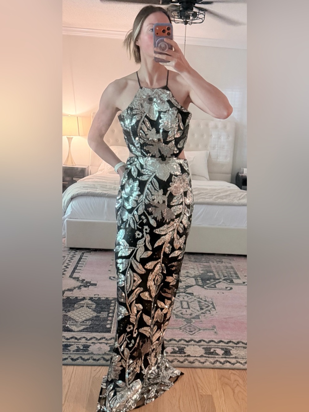 Marchesa Black Halter Sequin Gown with Silver Floral Motif